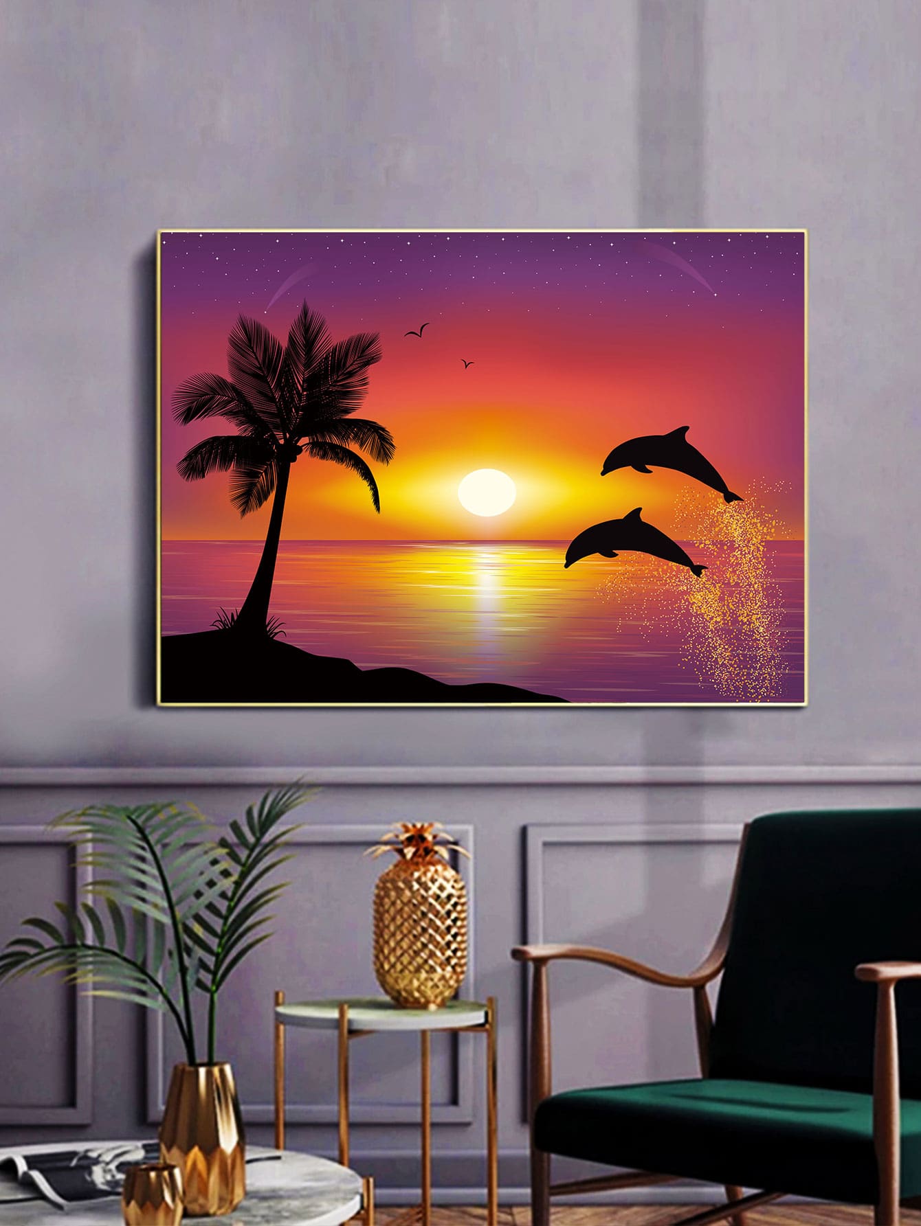 Tranh Gắn Đá Tự Làm Họa Tiết Cá Heo & Cây Dừa Không Gọng - Nhiều màu - Xem 1