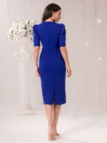 Seusyu Floral Embroidered Puff Sleeve Bodycon Dress - Royal Blue - View 2