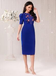 Seusyu Floral Embroidered Puff Sleeve Bodycon Dress - Royal Blue - View 3