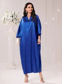 Al Najma 提花缺口蝙蝠袖长袍，朴素的阿拉伯连衣裙 - 寶藍色 - 查看 1