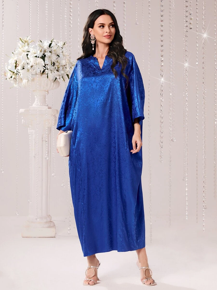 Al Najma 提花缺口蝙蝠袖长袍，朴素的阿拉伯连衣裙 - 寶藍色 - 查看 1