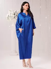 Al Najma 提花缺口蝙蝠袖长袍，朴素的阿拉伯连衣裙 - 寶藍色 - 查看 3