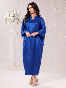 Al Najma 提花缺口蝙蝠袖长袍，朴素的阿拉伯连衣裙 - 寶藍色 - 查看 4