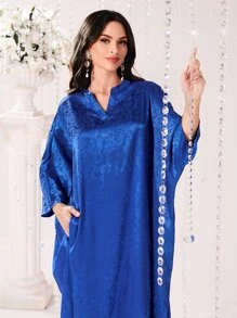 Al Najma 提花缺口蝙蝠袖长袍，朴素的阿拉伯连衣裙 - 寶藍色 - 查看 5