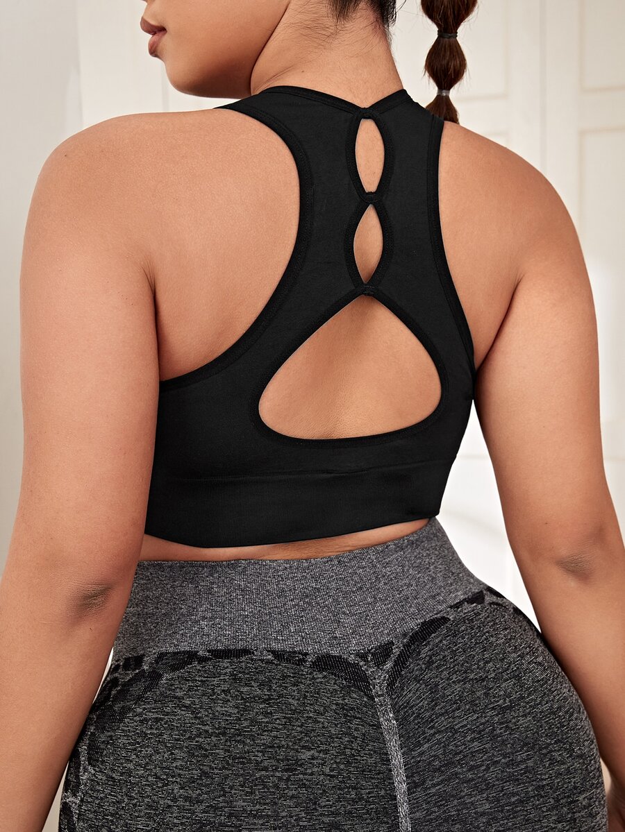 Plus Medium Support Cut Out Back Sports Bra - Black - View 1