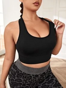 Plus Medium Support Cut Out Back Sports Bra - Black - View 4