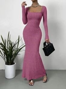 SHEIN Privé Square Neck Ribbed Knit Mermaid Hem Dress - Hot Pink - View 1