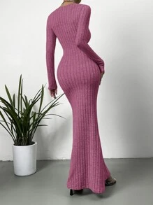 SHEIN Privé Square Neck Ribbed Knit Mermaid Hem Dress - Hot Pink - View 2