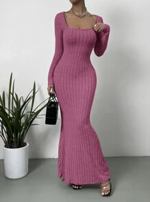 SHEIN Privé Square Neck Ribbed Knit Mermaid Hem Dress - Hot Pink - View 4