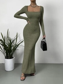 SHEIN Privé 方領條紋針織魚尾裙下擺連衣裙