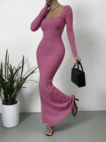 SHEIN Privé Square Neck Ribbed Knit Mermaid Hem Dress - Hot Pink - View 5