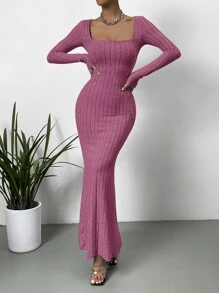 SHEIN Privé Square Neck Ribbed Knit Mermaid Hem Dress - Hot Pink - View 6