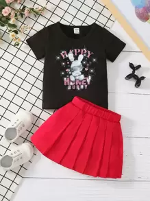 Conjunto de camiseta con estampado de letras y falda plisada casual de verano para niña - Multicolor - Ver 1
