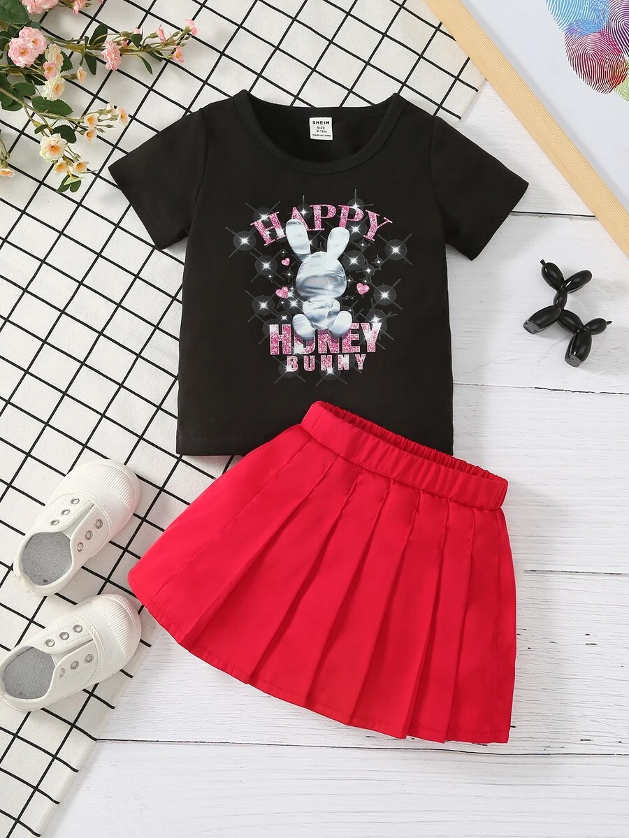 Conjunto de camiseta con estampado de letras y falda plisada casual de verano para niña - Multicolor - Ver 1