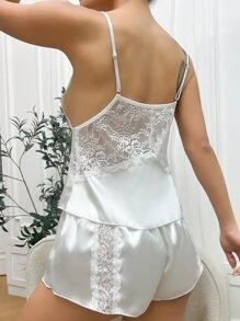 Bow Front Contrast Lace Satin Lingerie Set - White - View 2