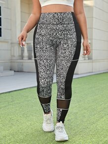 Plus Leopard Print Mesh Insert Top-stitching Sports Leggings With Phone Pocket - Black and White - View 4