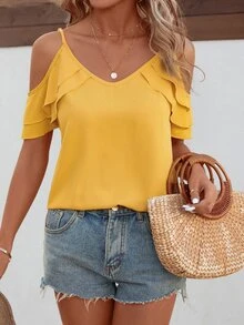 SHEIN VCAY Blusa de hombros descubiertos ribete con fruncido