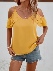 SHEIN VCAY Blusa de hombros descubiertos ribete con fruncido