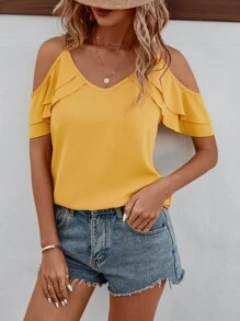 SHEIN VCAY Blusa de hombros descubiertos ribete con fruncido