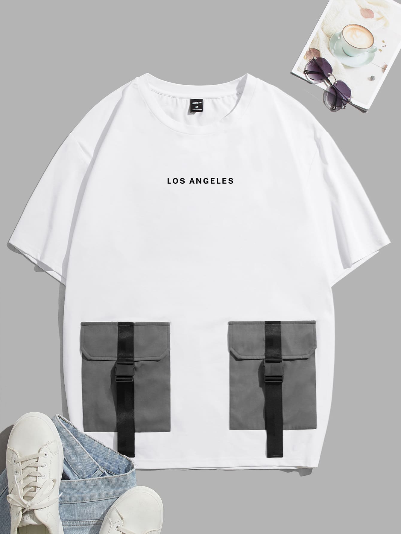 Manfinity VCAY 男士鬆身信封口口袋搭扣細節字母圖形t恤 - 白色 - 查看 1