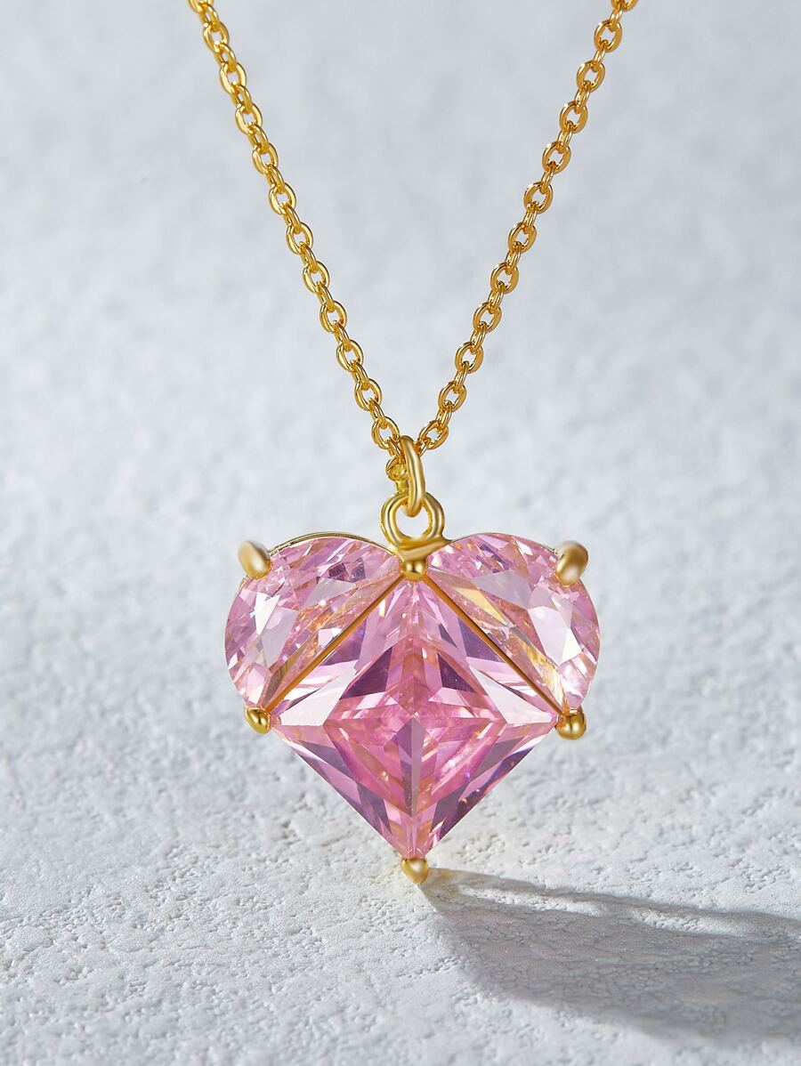 Cubic Zirconia Heart Charm Necklace - Pink - View 1