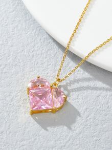 Cubic Zirconia Heart Charm Necklace - Pink - View 2