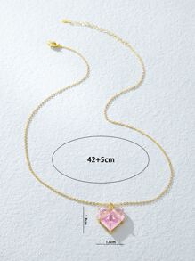 Cubic Zirconia Heart Charm Necklace - Pink - View 3