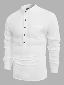 Manfinity VCAY Men Mock Neck Half Button Shirt - White - View 3