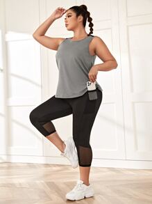 Plus Solid Sports Top & Contrast Mesh Sports Leggings With Phone Pocket - Multicolor - View 1