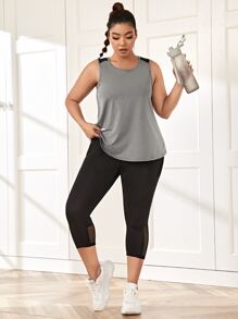 Plus Solid Sports Top & Contrast Mesh Sports Leggings With Phone Pocket - Multicolor - View 3