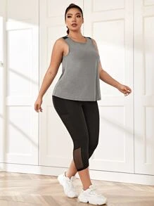 Plus Solid Sports Top & Contrast Mesh Sports Leggings With Phone Pocket - Multicolor - View 4
