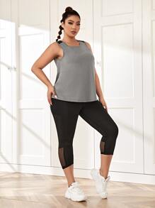 Plus Solid Sports Top & Contrast Mesh Sports Leggings With Phone Pocket - Multicolor - View 5