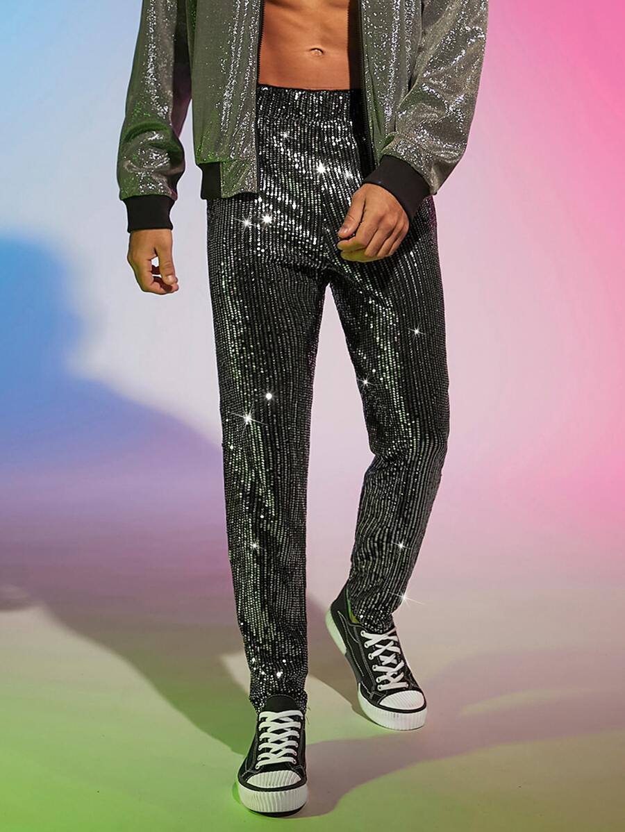 FeverCity Men Sequin Straight Leg Trousers - Dark Grey - View 1