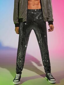 FeverCity Men Sequin Straight Leg Trousers - Dark Grey - View 4