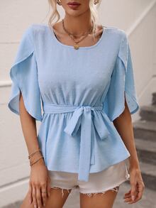 SHEIN Privé 素色花瓣袖腰帶襯衫 - 淺藍色 - 查看 2