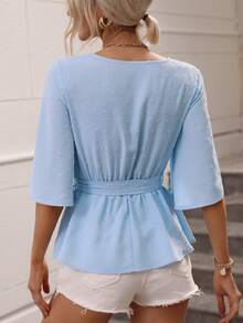 SHEIN Privé 素色花瓣袖腰帶襯衫 - 淺藍色 - 查看 3