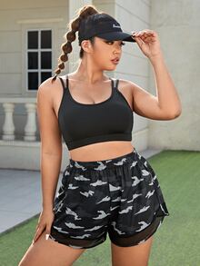 Plus Camo Print Contrast Mesh Sports Shorts - Multicolor - View 5