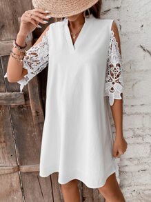 SHEIN Clasi Guipure Lace Insert Cold Shoulder Dress - White - View 4