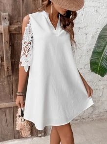 SHEIN Clasi Guipure Lace Insert Cold Shoulder Dress - White - View 5