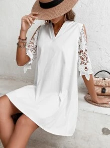 SHEIN Clasi Guipure Lace Insert Cold Shoulder Dress - White - View 6