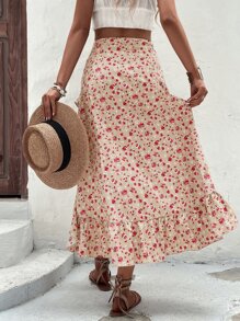 SHEIN VCAY Falda floral bajo con fruncido asimétrico - Caqui - Ver 5