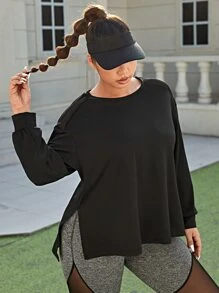 Plus Mesh Shoulder Drop Shoulder Sports Top - Black - View 3