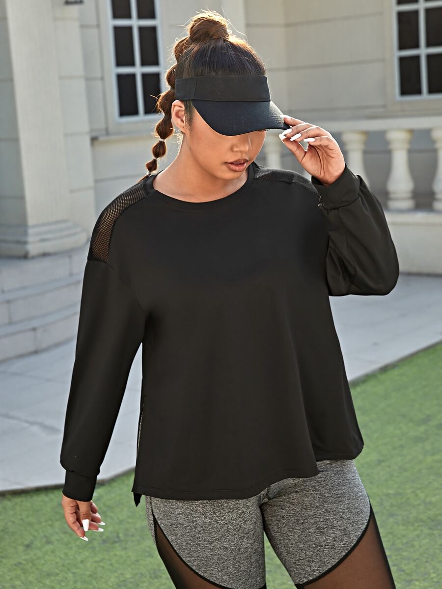 Plus Mesh Shoulder Drop Shoulder Sports Top - Black - View 1