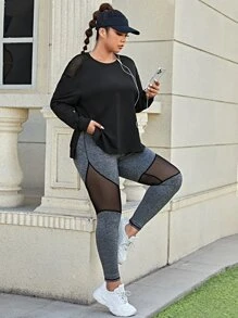 Plus Mesh Shoulder Drop Shoulder Sports Top - Black - View 5