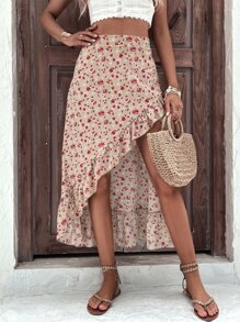 SHEIN VCAY Falda floral bajo con fruncido asimétrico - Caqui - Ver 3
