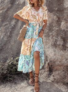 SHEIN VCAY Paisley Print Butterfly Sleeve Ruffle Hem Belted Dress - Multicolor - View 2