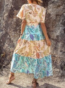SHEIN VCAY Paisley Print Butterfly Sleeve Ruffle Hem Belted Dress - Multicolor - View 3