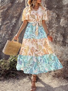 SHEIN VCAY Paisley Print Butterfly Sleeve Ruffle Hem Belted Dress - Multicolor - View 4