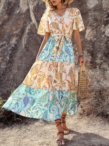 SHEIN VCAY Paisley Print Butterfly Sleeve Ruffle Hem Belted Dress - Multicolor - View 1