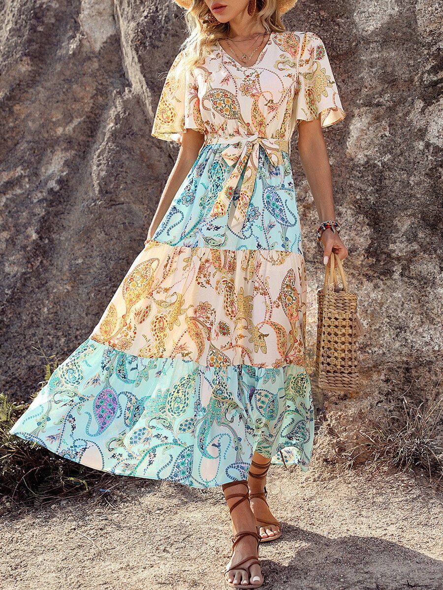 SHEIN VCAY Paisley Print Butterfly Sleeve Ruffle Hem Belted Dress - Multicolor - View 1